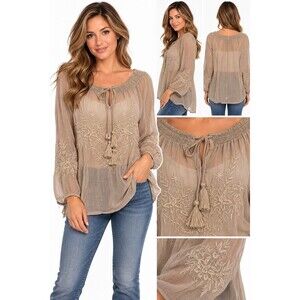 Sweet Magnolia Womens Top Size XL Tunic Embroidered Beige Sheer